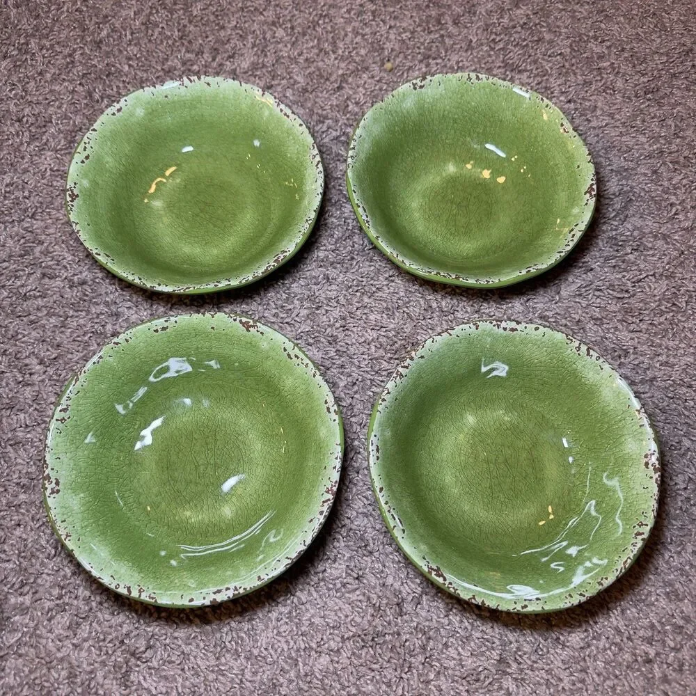 Pier 1 Imports CARMELO Green Melamine Plates Bowls LOT of 9 Snack Set Crackle